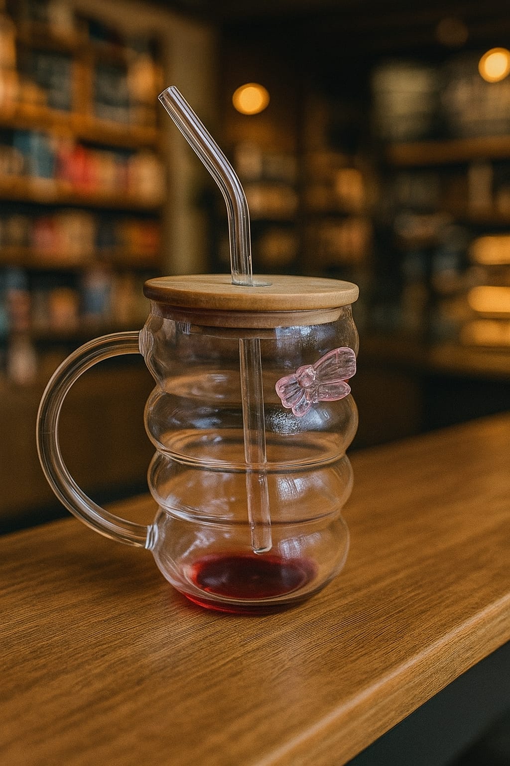 Bubble Wave Sipper – Glass Straw & Bamboo Lid Coffee Mug